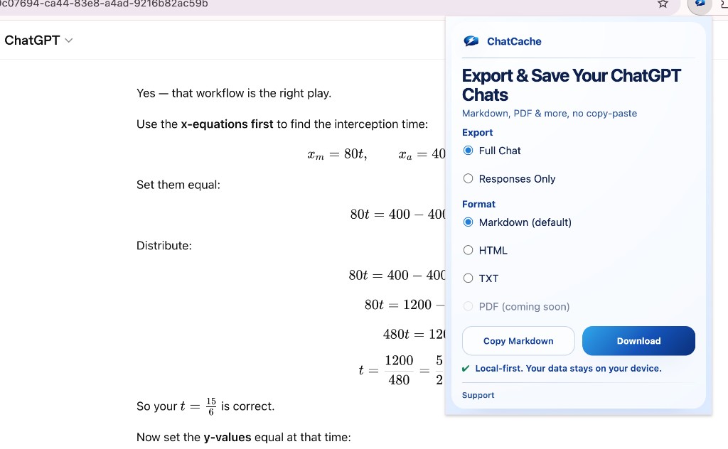 ChatCache extension on ChatGPT: choose full chat or responses only, export to Markdown, HTML, or TXT, with copy and download actions.